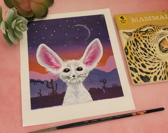 Baby Fennec Fox Art Print: Purple Desert Watercolor and Acrylic Painting