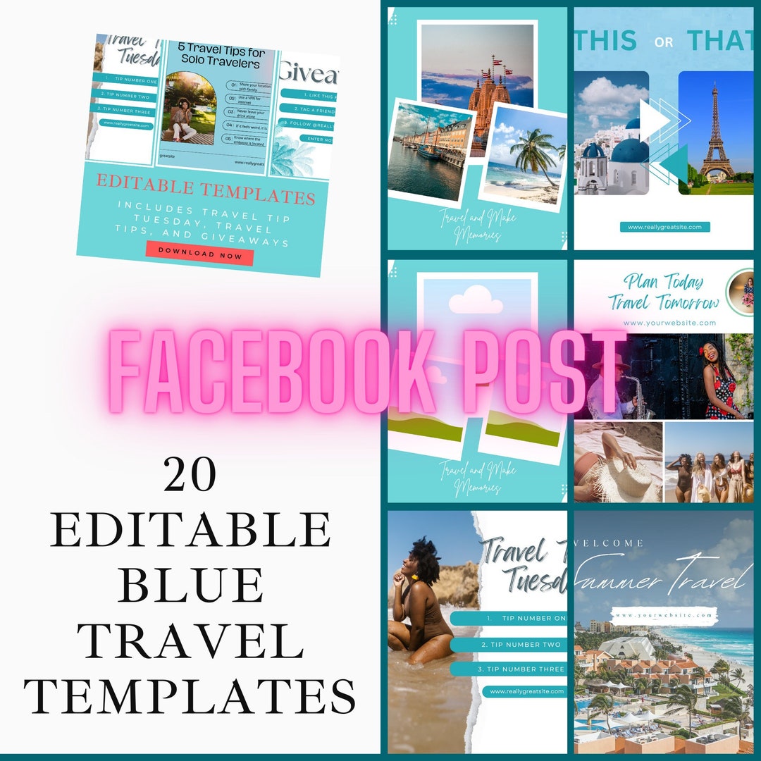 Travel Agent Templates 20 Facebook Blue Editable Canva - Etsy
