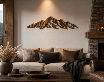 Mountain landscape wooden wall art, Alpine mountain silhouette made of wood, living room, handmade