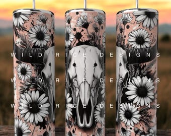 Envoltura para vaso de 20 oz con margaritas y cuernos de toro occidentales rosas, descarga digital
