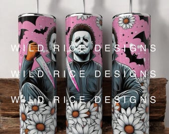 Envoltura para vaso de 20 oz con diseño de Daisy Horror, personaje rosa de película de miedo, Halloween, terror, asesino, espeluznante, descarga digital