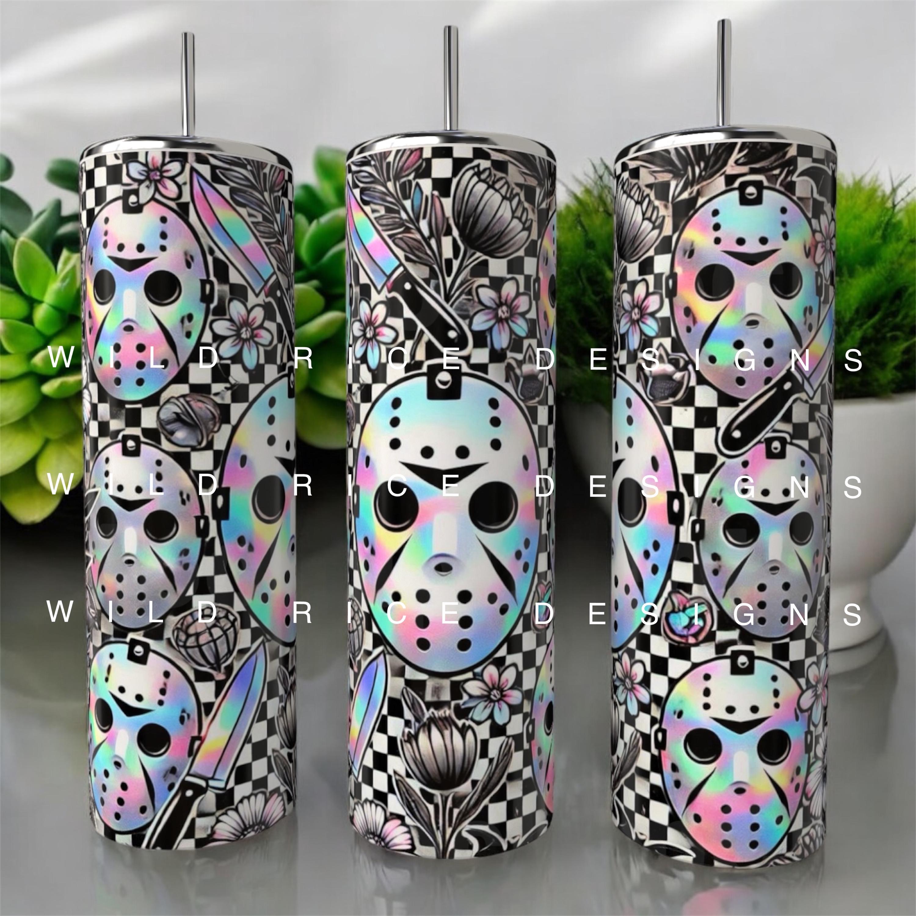 Horror Jason Checkered Holograhic Checkered Cute Spooky 20 oz Tumbler Wrap Digital Download