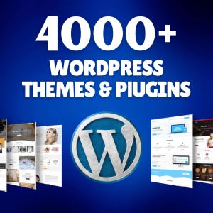 Può includere: Uno sfondo blu con il testo bianco "4000+ WORDPRESS THEMES & PLUGINS". Il logo di WordPress è al centro, con diverse anteprime di temi di siti Web a sinistra e a destra.