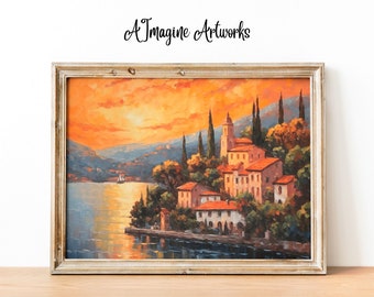 Art du lac de Côme, Italie Wall Art, Room Wall Art, Home Decor, Room Wall Art, Lake Art, Printable Art | "Sunset Villa" - Numérique