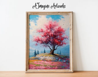 Cherry Blossom Wall Art, Tree Art, Home Decor, Japanese Landscape Art, Printable Art, Flower Art | "Cherry Blossom Hill" - Digital