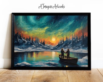 May include: A painting depicting a couple in a boat on a frozen lake, with a vibrant aurora borealis illuminating the sky above. The sun is setting in the distance, casting a warm glow over the scene.
