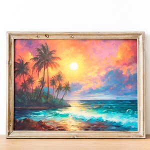 Könnte beinhalten: Gerahmtes Gemälde eines tropischen Sonnenuntergangs über einem ruhigen Meer mit Palmen im Vordergrund. Der Himmel ist ein lebendiges Gemisch aus Rosa, Orange und Lila mit flauschigen Wolken. Die Sonne geht in der Ferne unter und wirft einen goldenen Schein auf das Wasser.