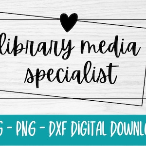 May include: Black and white graphic design with a heart and the text "library media specialist" inside a double-lined rectangle.
