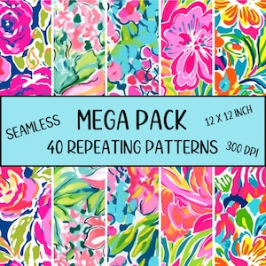 Seamless tropical repeating patterns - MEGA PACK JPEG - 40 seamless patterns - preppy patterns - instant download - digital paper pack