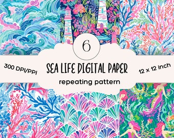 6 Preppy sea life mermaid coral lighthouse repeating patterns - digital paper - sea life digital paper - seamless pattern - instant download