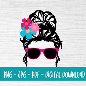 Messy bun with glasses - flowers - PNG - messy bun with glasses - digital download - sublimation design - messy bun png - instant download