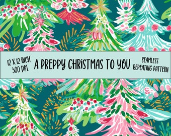 Digitalt preppy julpapper - sömlöst mönster - upprepande mönster - julgran - rosa jul - trendigt - scrapbookingpapper - högtid