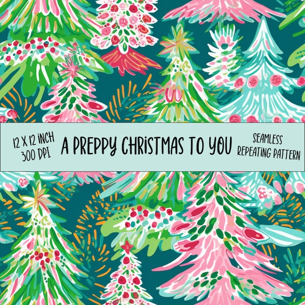 Preppy Christmas digital paper - seamless pattern - repeating pattern - christmas tree - pink christmas - trendy - scrapbook paper - holiday