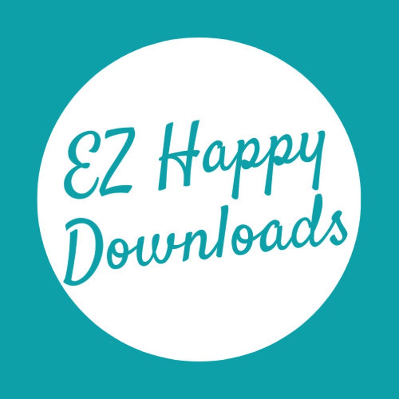 Op de afbeelding: Een turquoise en witte afbeelding met de tekst "EZ Happy Downloads" in een sierlijk lettertype. De tekst staat in een witte cirkel, tegen een turquoise achtergrond. Het ontwerp is eenvoudig en strak.