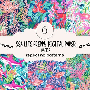 6 Preppy vida marina sirena coral faro repitiendo patrones - papel digital - papel digital de vida marina - patrón sin costuras - descarga instantánea