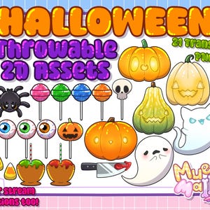May include: A collection of Halloween-themed 2D assets, including pumpkins, lollipops, candy apples, and a spider. The image features the text "HALLOWEEN" and "Throwable 2D Assets". There are 21 transparent PNGs. The image is set against a pastel background.