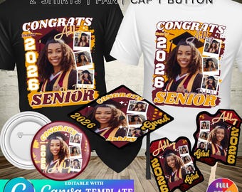 5 modelli di laurea modificabili in bordeaux e giallo, camicia, spilla, ventaglio, cappello da laurea, download digitale, design bootleg 2026
