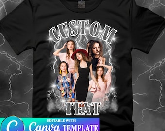 Può includere: Maglietta nera con un design grafico bianco che presenta un gruppo di donne con fulmini e il testo "CUSTOM TEXT". Modificabile con il modello Canva.
