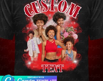 May include: A black t-shirt with a red "CUSTOM TEXT" design. The design features a collage of photos of people with a red and white background.