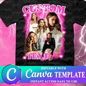 May include: A black t-shirt with a pink and white design featuring a collage of women's faces and the words "CUSTOM" and "NEXT". The design includes lightning bolts and a pink background.