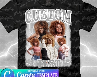 Può includere: Una maglietta nera con un design grafico bianco che presenta il testo "CUSTOM Text" e un collage di foto di donne con i capelli ricci. Il design è circondato da fulmini bianchi. Il testo "EDITABLE WITH Canva TEMPLATE INSTANT ACCESS EASY TO USE" è nella parte inferiore del design.