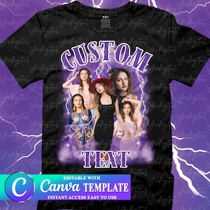 May include: A black t-shirt with a purple and white lightning bolt design. The shirt has the text "CUSTOM" in purple letters and the text "TEXT" in purple letters. The shirt also has a collage of images of women in the center.