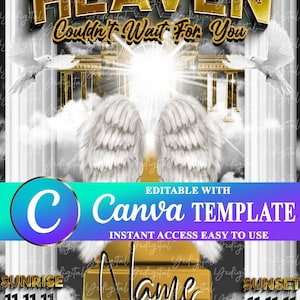 May include: A digital graphic design template for Canva featuring a golden gate with clouds and angel wings. The text "HEAVEN Couldn't Wait For You" is at the top of the image. The text "SUNRISE 11.11.11" is on the left side of the image and the text "SUNSET 11.11.11" is on the right side of the image. The text "Name" is in the center of the image.