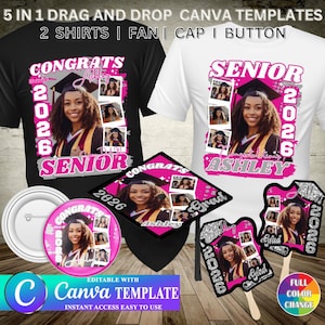 5 Editable PINK GREY Canva Graduation Template Shirt Graduation Button Grafuation Fan Graduation Hat Digital Download 2026