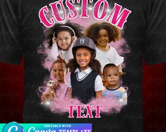May include: Black t-shirt featuring a design with the word "CUSTOM" in pink, and the word "TEXT" in pink. The design includes photos of children surrounded by pink smoke. The bottom of the shirt has a Canva template logo.