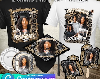 5 modelli di laurea modificabili con glitter oro nero e ghepardo Canva, maglietta, spilla, ventaglio, cappello da laurea, download digitale 2026
