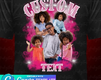May include: A black t-shirt with a pink and white design featuring the word "CUSTOM" in pink letters with stars and a cloud-like design. The design also includes four children's faces in a circle. The text "TEXT" is also included in pink letters. The t-shirt is editable with a Canva template.