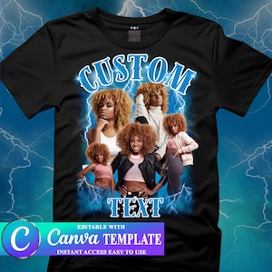 May include: Black t-shirt with a blue and white lightning bolt design. The shirt features the word "CUSTOM" in white letters and the word "TEXT" in white letters. There are five images of women with curly hair on the shirt.