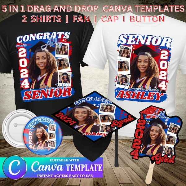 5 Editable RED Blue Canva Graduation Template Shirt | Button | Fan | Digital Download