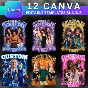 Puede incluir: Un conjunto de 12 plantillas de Canva personalizables con varias im&aacute;genes de personas con rayos y el texto "CUSTOM" y "TEXT".