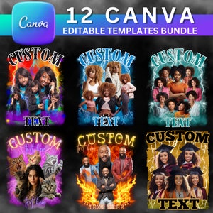 May include: A set of 12 customizable Canva templates featuring various designs with text overlays. The designs include images of people, animals, and abstract patterns. The text overlays say "CUSTOM TEXT" and "TEXT HERE".