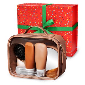 TSA-Approved Gift Ready Travel Kit -Clear Lid Toiletry Bag with Sleep Mask Silicone Containers Hairbrush Toothbrush Mirror & Facial Massager