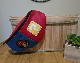 Children's fanny pack in leather and red and blue jeans, handmade Mario theme