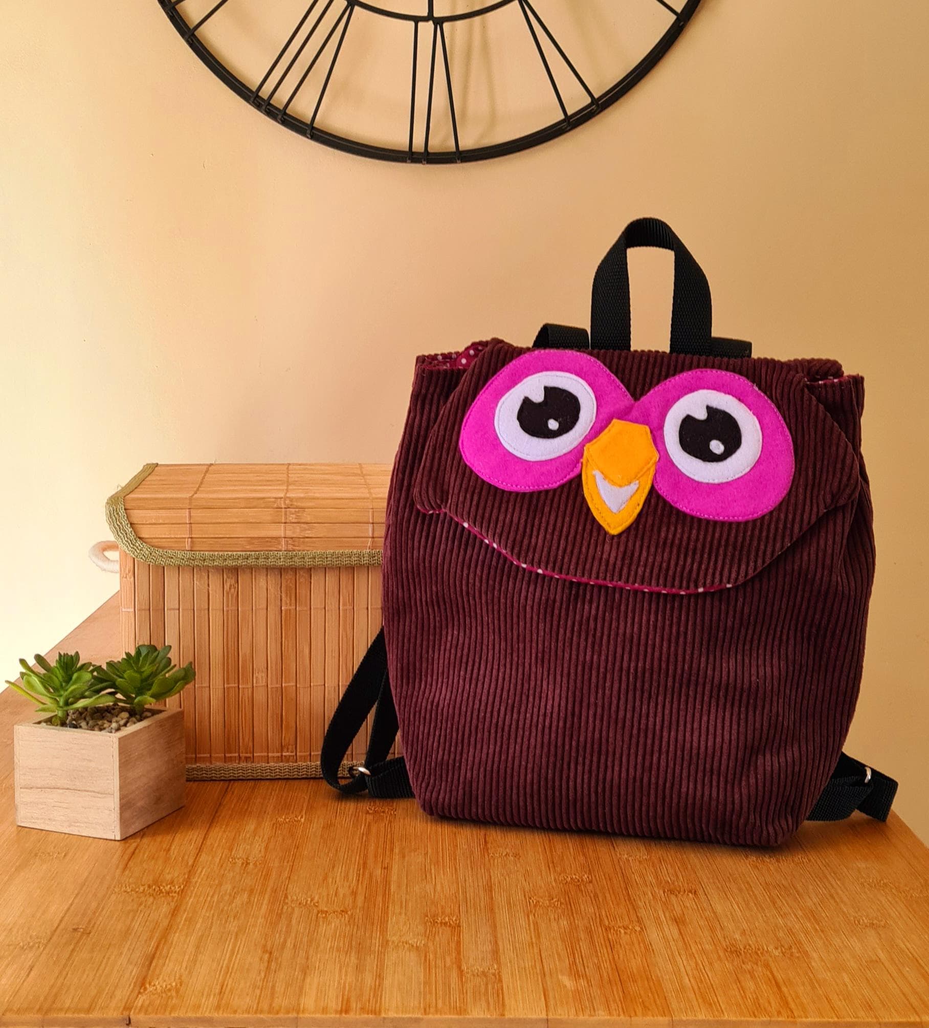 children's animal backpack in corduroy, small purple owl, handmade