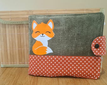 Baby fabric photo album in green corduroy with fox theme to personalize handmade