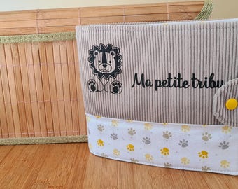 Handmade beige corduroy baby fabric photo album with lion theme