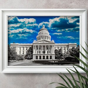 California State Capitol in Sacramento, in black and white, with the blue sky isolated - wall art print poster
