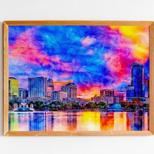 Skyline of downtown Orlando, Florida, seen at sunset from lake Eola, in ink and watercolor wall art print poster image 8