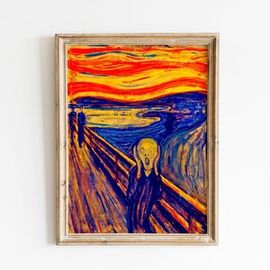 The Scream painting by Edvard Munch in a colorful recreation in blue, red and yellow - wall art print poster