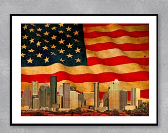 Downtown Houston skyline blended with the US flag waving on old paper texture - wall art print poster