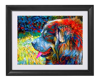 Tibetan Mastiff dog sitting profile with its mouth open, painting with a colorful palette knife oil texture - wall art print poster