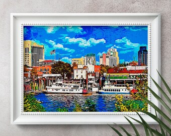 Op de afbeelding: Een kleurrijk schilderij van een skyline met een rivier op de voorgrond. De gebouwen zijn een mix van moderne en traditionele stijlen, en er liggen verschillende boten aangemeerd in de rivier. De lucht is blauw met witte wolken, en het water is een levendig blauw.