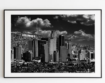 Downtown Los Angeles skyline with the Hollywood sign in the background in black and white - wall art print poster