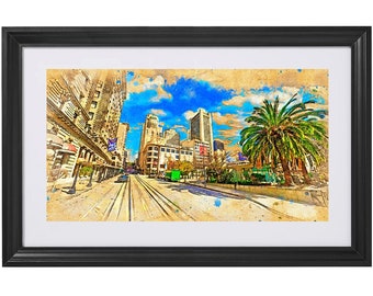 Union Square vicino a Powell Street, nel centro di San Francisco, look vintage, pittura - poster con stampa artistica da parete