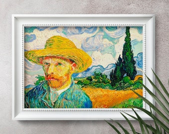 Van Gogh Self-Portrait with Straw Hat in front of Wheat Field with Cypresses post impressionism painting - wall art print poster