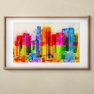 Downtown Los Angeles skyline in a colorful painting - wall art print poster